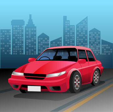 Vector illustration, red car on urban building background. © jatmikajati