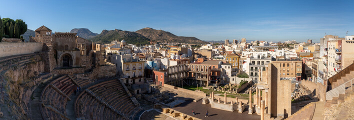 panorama view of the historic ancient Roman arena and amphitheater in Cartagena