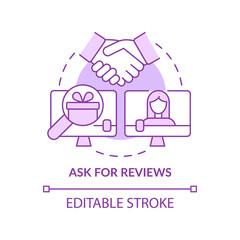 Ask for reviews purple concept icon. Social media marketing transparency abstract idea thin line illustration. Isolated outline drawing. Editable stroke. Roboto-Medium, Myriad Pro-Bold fonts used