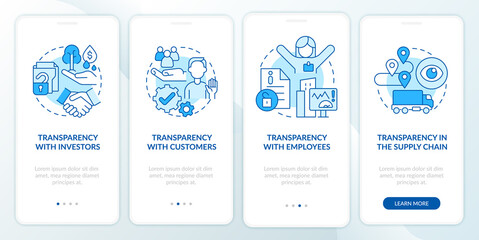 Examples of transparency blue onboarding mobile app screen. Corporate walkthrough 4 steps graphic instructions pages with linear concepts. UI, UX, GUI template. Myriad Pro-Bold, Regular fonts used