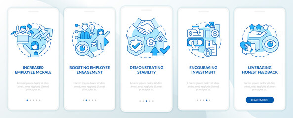 Benefits of transparency blue onboarding mobile app screen. Clarity walkthrough 5 steps graphic instructions pages with linear concepts. UI, UX, GUI template. Myriad Pro-Bold, Regular fonts used