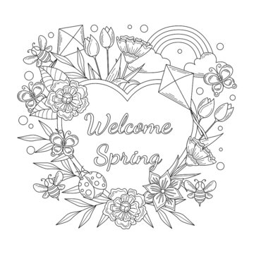 Spring season illustration in outline or doodle style