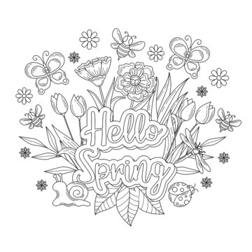 Spring season illustration in outline or doodle style