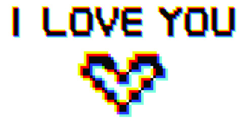 I love you . Glitch distorted geometric heart . Blurred heart
.Minimal art design .  Trendy defect error words . .Pixel effect .vector 