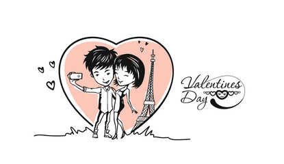 Romantic lovers for Valentine's Day, Cartoon Hand Drawn Sketch Vector Background.