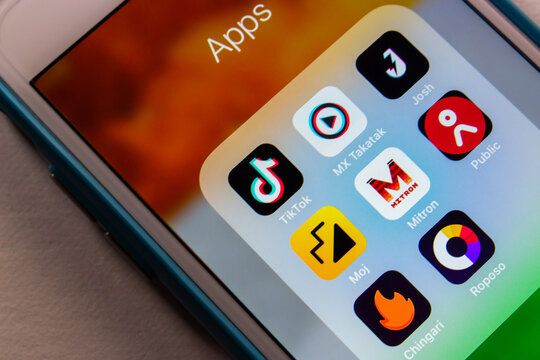 Kumamoto, JAPAN - Jun 14 2021 : TikTok and popular short video apps in India (MX TakaTak, Josh app, Moj, Mitron app, Public app, Chingari, Roposo) on iPhone. Asian and Indian trendy video app concept