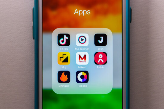 Kumamoto, JAPAN - Jun 14 2021 : TikTok and popular short video apps in India (MX TakaTak, Josh app, Moj, Mitron app, Public app, Chingari, Roposo) on iPhone. Asian and Indian trendy video app concept