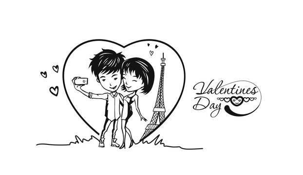 Romantic lovers for Valentine's Day, Cartoon Hand Drawn Sketch Vector Background.