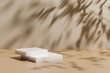 Abstract minimal nature scene - empty stage and white podium on beige background and soft shadows...