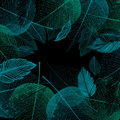 Square frame of green leaves. On a dark background. Vector illustration