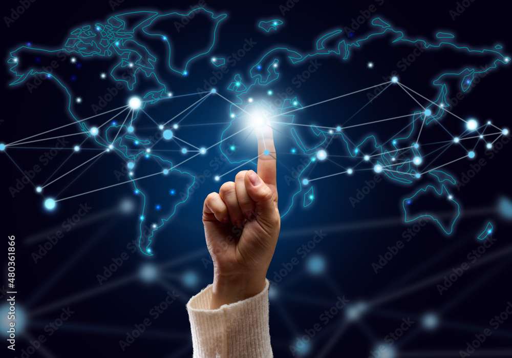Aufkleber female hand presses on the connection point and holographic global network with connections. interne