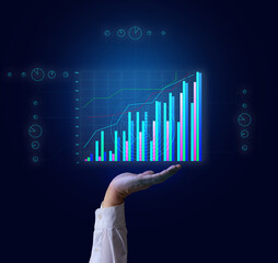 growing graph on a holographic grid and a man's hand. Business performance growth, high profitability, success