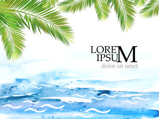 Horizontal background palm leaves and sea. Vector illustration