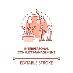 Interpersonal conflict management red concept icon. Skills for HR abstract idea thin line illustration. Isolated outline drawing. Editable stroke. Roboto-Medium, Myriad Pro-Bold fonts used