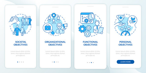 Objectives of hr management blue onboarding mobile app screen. Walkthrough 4 steps graphic instructions pages with linear concepts. UI, UX, GUI template. Myriad Pro-Bold, Regular fonts used