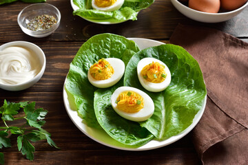Deviled eggs with paprika, mustard and mayonnaise