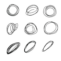 Sketch oval frames. Doodle scrawl ellipse, circle hand drawn frame and round doodles set. Oval brush or highlighter handwritten circle shapes symbol. Stock vector illustration isolated.