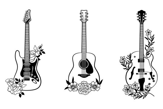 Set of stylized guitars with flower. Collection of electric guitars with floral bouqet. Black and white illustration of musical instruments. Linear art. Tattoo.