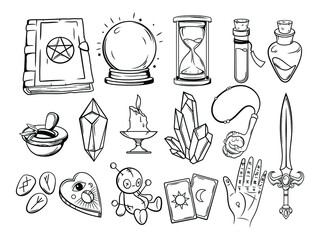 Set of witchcraft items. Collection of witchy magic equipment, celestial crystal, skull,  potions, bugs, candles, and crystal balls. Vector illustration of mythical elements. - obrazy, fototapety, plakaty
