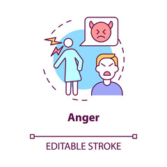 Anger concept icon. Non acceptance of divorce. Mental stage abstract idea thin line illustration. Isolated outline drawing. Editable stroke. Roboto-Medium, Myriad Pro-Bold fonts used