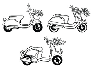 Set of flower scooters. Collection of motorcycles with a basket of flowers. Cute transport. Vintage moped with flower bouquet. Spring design for logo, card. Vector illustration on white background.