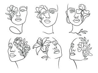 Set of female faces with flowers. Collection of woman's head with flower. Design for printing. Boot. Vector illustration isolated on white background.