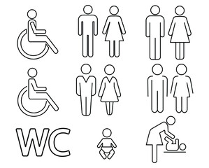 Set of restroom icons for girls and boys. Collection of stickers on the toilet door. WC plate. Stickman bath room. Unisex. Funny bathroom door signs. Vector illustration on white background.