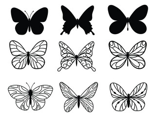 Fototapeta na wymiar Set of various butterflies. Collection of stylized flying butterflies. Tattoo. Vector illustrations of beautiful silhouettes of insects. Linear insect.