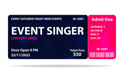 Concert ticket vector template. Concert, party or festival ticket design template. Vector illustration 