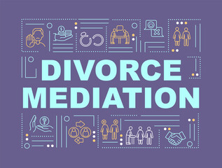 Divorce settlement word concepts purple banner. Separation legal support. Infographics with linear icons on background. Isolated typography. Vector color illustration with text. Arial-Black font used