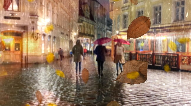 Autumn In City  People Walk Under Umbrella In Rainy Evening City Walk Medieval Stree Blurred Light Light In Tallinn Old Town Yellow Leaves Fall  Rainy Weather Rain Drops