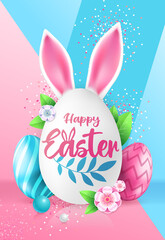 Holiday Easter background with colorful easter eggs. Easter egg with rabbit ears. Greeting card or poster. Vector illustration