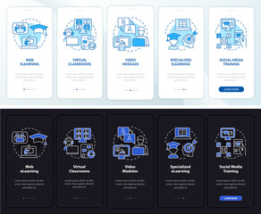 Elearning types night and day mode onboarding mobile app screen. Walkthrough 5 steps graphic instructions pages with linear concepts. UI, UX, GUI template. Myriad Pro-Bold, Regular fonts used