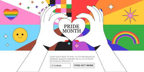 Lgbt rights or social issues event celebration creative banner, poster, placard, social media advertisement, invitation, greeting or web landing page in trendy 90s style with rainbow and heart.