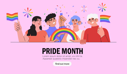 Diverse group of people or crowd holding posters, placards, symbols, signs and colorful flags and lgbt rainbows on gay parade, pride month or festival celebrate pride month web banner, poster. - obrazy, fototapety, plakaty