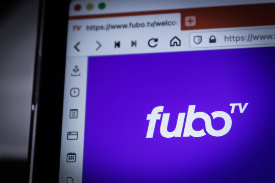 Kumamoto, JAPAN - Sep 6 2021 : Closeup logo of FuboTV, a sports focused live TV streaming service with top leagues and teams, plus popular tv shows and programs, on official website on PC in dark mood