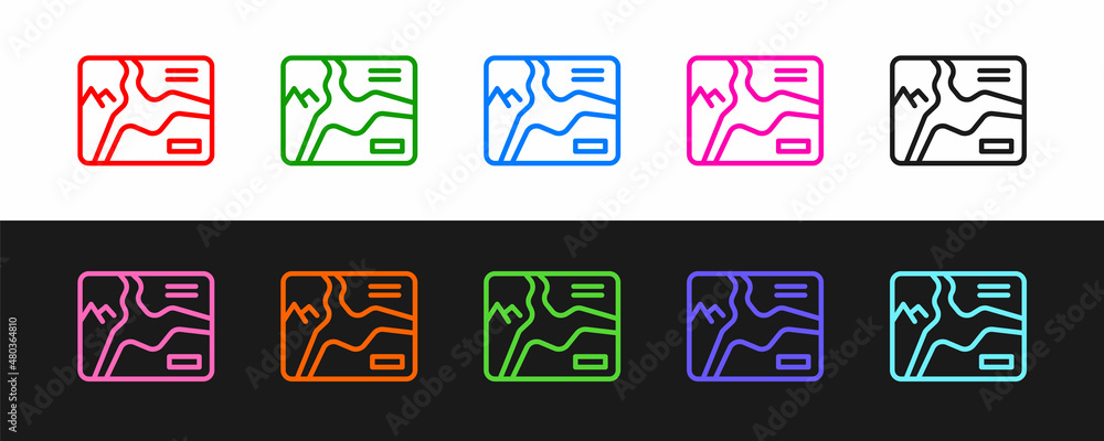 Poster set line topographic map with route and coordinates icon isolated on black and white background. vec