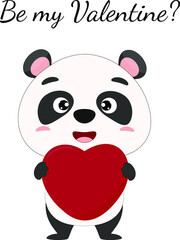 A little panda holds a heart in his hands. Greeting card for valentine's day. Vector illustration for designs and print.