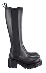 Beautiful pair of modern trendy high black demi-season leather boots with elastic band, with a massive sole, isolated on a white background. Side view.