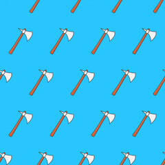 Stone Axe Seamless Pattern On A Blue Background. Axe Theme Vector Illustration