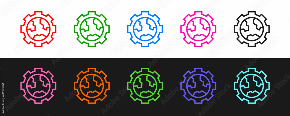 Poster set line globe of the earth and gear or cog icon isolated on black and white background. setting par