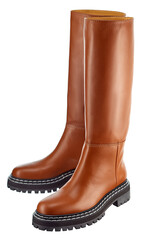 Beautiful pair of modern fashionable high demi-season leather shoes of red color, with a massive contour-stitched sole, isolated on a white background.