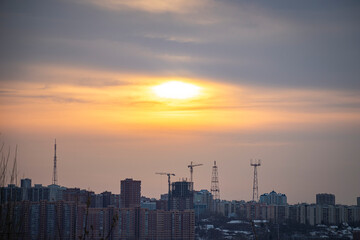 Novosibirsk, the left bank against the backdrop of a colorful winter sunset 