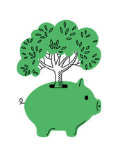 Save nature concept illustration. Tree saving or accumulating in green piggy bank.