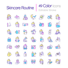 Skincare routine RGB color icons set. Beauty and healthcare. Cosmetic products. Isolated vector illustrations. Simple filled line drawings collection. Editable stroke. Quicksand-Light font used