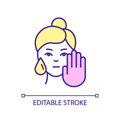 Avoid over moisturizing of skin RGB color icon. Oily skin type tip. Beauty procedure. Skincare routine. Isolated vector illustration. Simple filled line drawing. Editable stroke. Arial font used