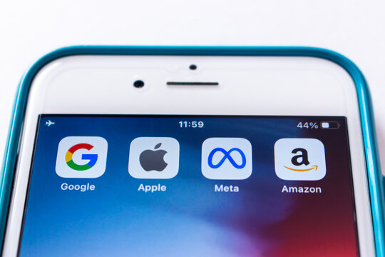 Kumamoto, JAPAN - Oct 29 2021 : US multinational technology conglomerate holding company Meta Platforms, Inc. (formerly known as Facebook) and GAFA Big Tech icons on an iPhone
