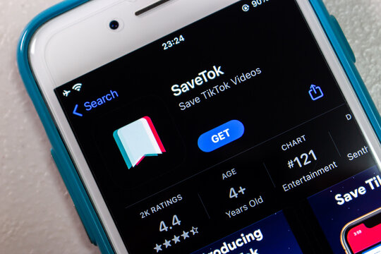 Kumamoto, JAPAN - Oct 12 2021 : SaveTok, popular TikTok video downloader app, on App Store on iPhone.