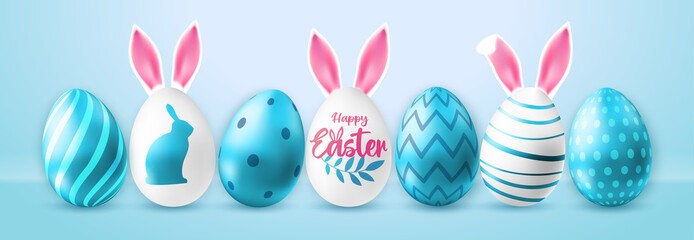 Holiday Easter background with blue and white easter eggs. Set of Easter eggs with rabbit ears. Greeting card or poster. Vector illustration