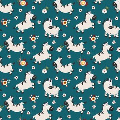 Seamless pattern with cute hand drawn zebras and flowers. Design for fabric, textile, wallpaper, packaging, decorating a nursery.